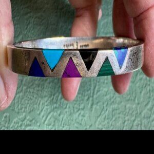 Native American Sterling Silver Turquoise, Onyx Bangle Bracelet